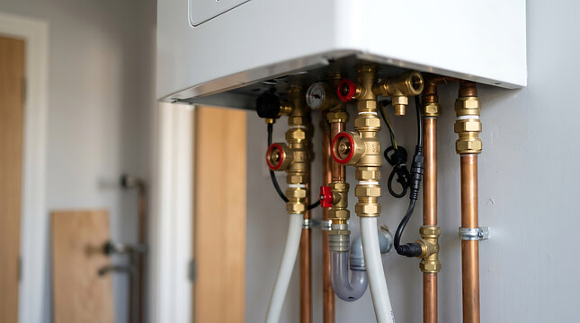 Modern gas boiler heating system with copper pipes and red valves installed on a wall for domestic hot water and central heating