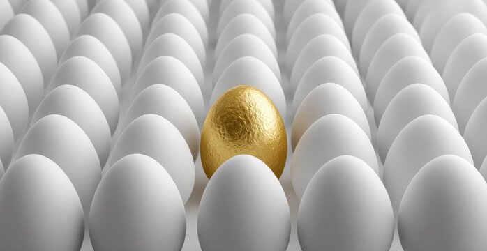 A singular golden egg stands out amidst a sea of plain white eggs, creating a visual contrast with texture and form