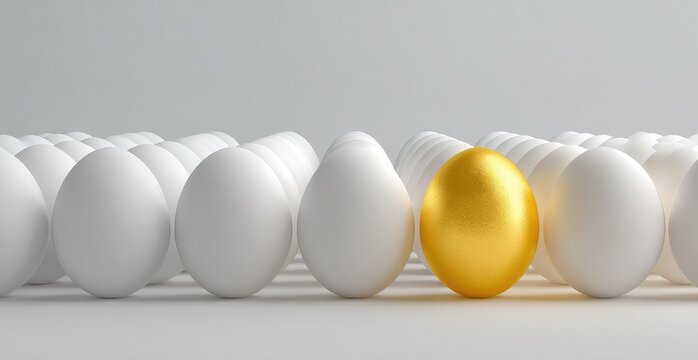 A singular golden egg stands out amongst many plain white eggs, suggesting uniqueness and value. This composition signifies a valuable outlier