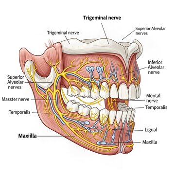 Anatomical illustration of the trigeminal nerve and its branches in the human jaw.