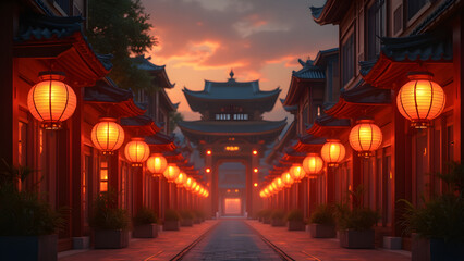 Fototapeta premium Street lanterns at night. Evening street lights glowing. Urban landscape illuminated. Atmospheric nighttime scenes with lanterns.