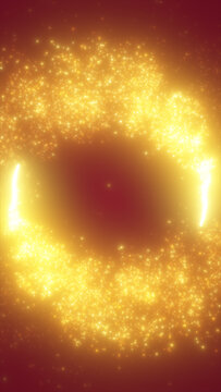 Golden sparkling particle vortex ring on warm red gradient, abstract energy swirl background with glowing dust and bokeh lights