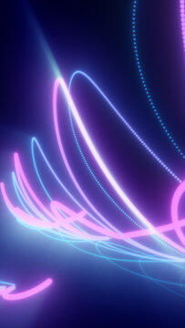 Abstract neon light trails in blue, purple, and pink flowing across a dark background with glowing motion and futuristic energy.