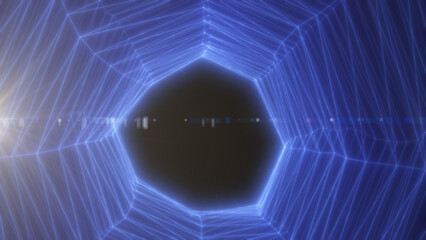 Obraz premium Blue neon hexagon tunnel frame with glowing wire lines and lens flare, futuristic geometric corridor abstract background