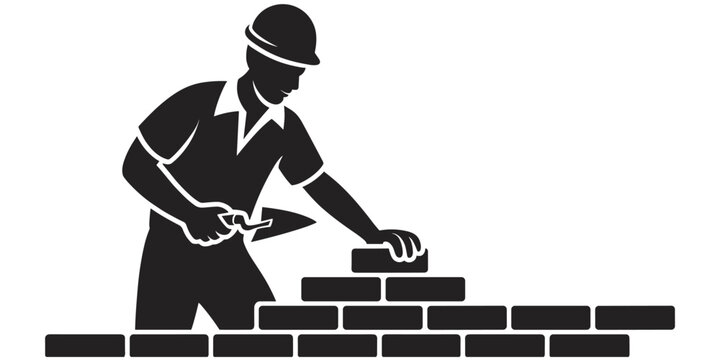 Flat vector illustration of construction worker building brick wall silhouette, masonry labor concept, craftsmanship design and construction artwork