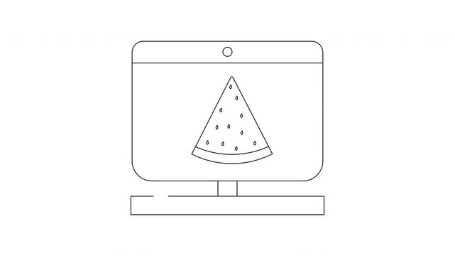 Simple Line Art Icon of a Watermelon Slice on a Computer Screen.