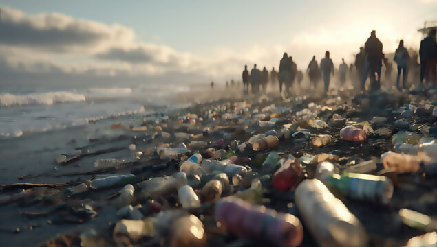 A desolate beach covered in plastic debris, with people walking in the distance