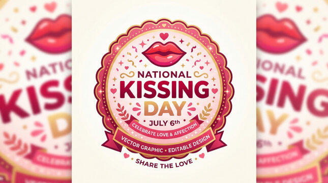 National kissing day greeting badge vector illustration with red lips and hearts on white background