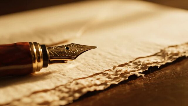 Fountain pen rests on textured paper with golden light highlighting details. Focus on writing process and craftsmanship. Setting includes rustic wood desk. Concept of stationery, writing, art