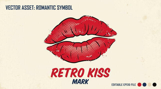 Retro styled red lips kiss mark symbol on beige background with vector asset text