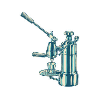 chrome vintage espresso machine hand drawn illustratiom