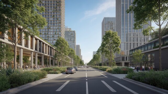 Sustainable smart city boulevard with modern buildings green trees and a car driving down the road under a blue sky with white clouds