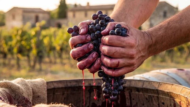 Close-up of hands crushing grapes into a wooden barrel. Juice flows from the cluster. Hands show focus and care. Vineyard rows stretch into the distance. Stone building stands behind