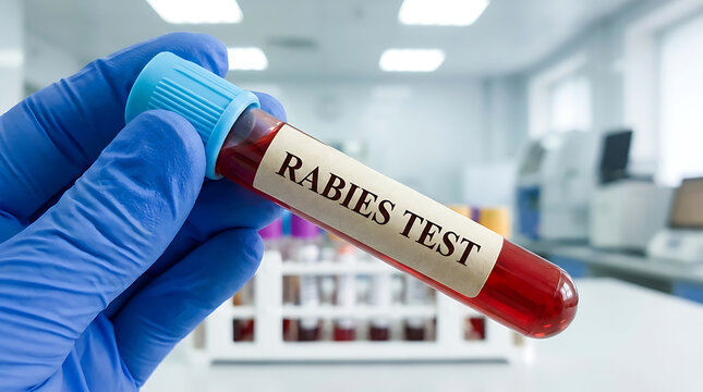 Medical professional holding a blood sample test tube labeled rabies test in a laboratory setting.