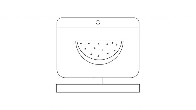 Simple Line Art of a Computer Monitor Displaying a Watermelon Slice.