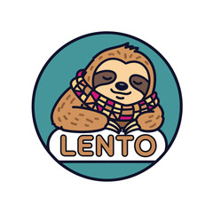 Obraz premium Cute cartoon sloth character wearing a patterned scarf with the word Lento.