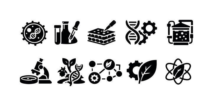 Biotechnology and genetic engineering icons representing scientific research and innovation