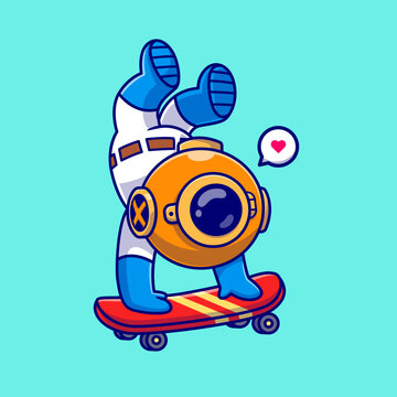 Cute Diver Playing Skateboard Cartoon 