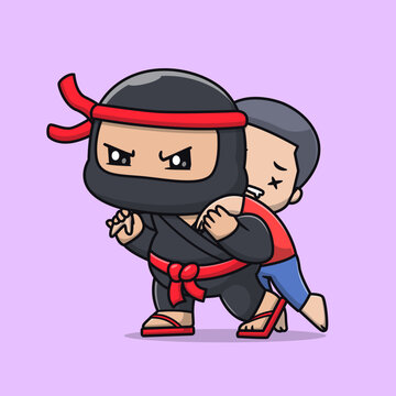 Cute Ninja Helping Boy Cartoon