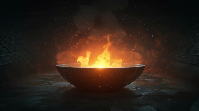 Intense sacred flames burning in a ceremonial stone bowl during the Persian Fravardigan festival in a dark ancient temple.