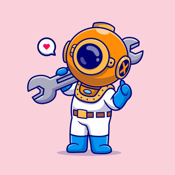 Cute Diver Handyman Holding Wrench Cartoon
