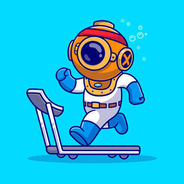 Cute Diver Running On Treadmill Cartoon