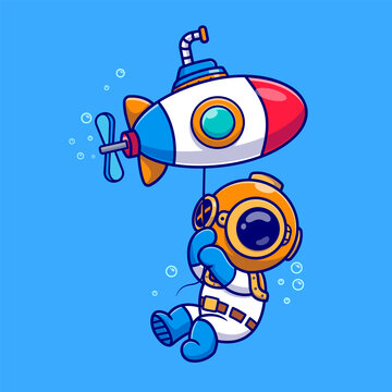 Cute Diver Floating With Submarine Balloon Cartoon