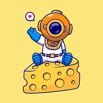 Cute Diver Sitiing On Cheese Cartoon 