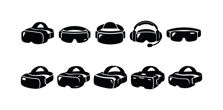 Collection of virtual reality headset icons in a simple black and white graphic style