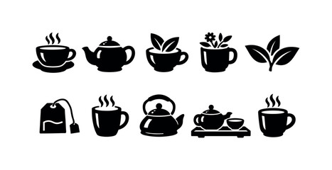 Fototapeta premium Collection of black tea icons featuring teapots, cups, and tea leaves