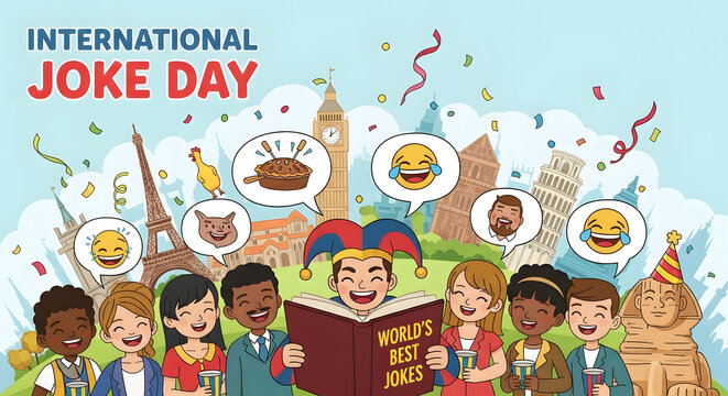 International Joke Day colorful cartoon illustration with a diverse group of people laughing at a joke book, global landmarks background, Generative AI