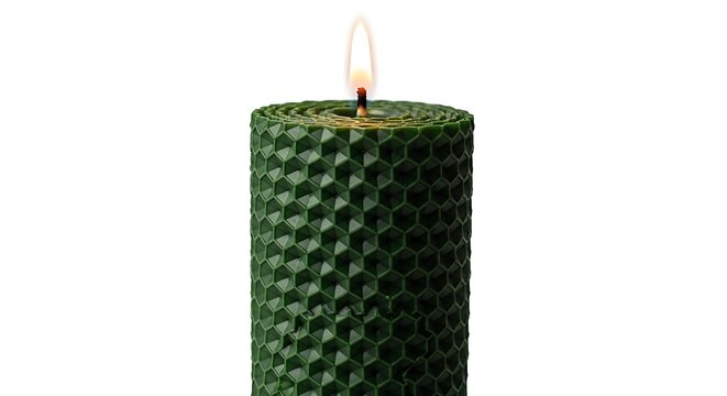 Handmade green beehive pattern pillar candle with single burning flame, handmade