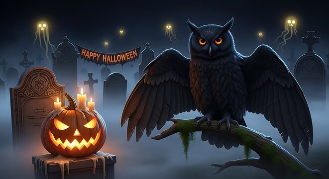 A spooky halloween scene with an owl and jackolantern in a haunted graveyard