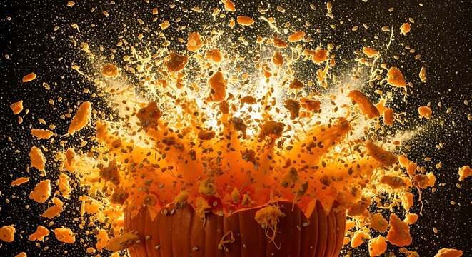 Exploding pumpkin with flying pieces and seeds on dark background