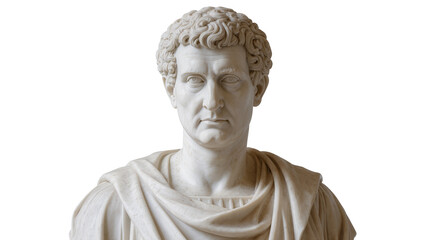 Fototapeta premium Marble bust of a Roman emperor with curly hair draped toga, isolated on transparent background