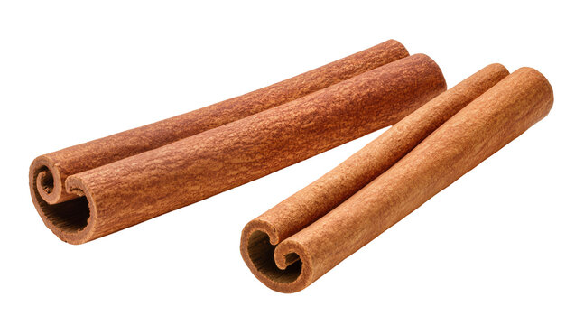 Two whole cinnamon sticks with textured brown bark, isolated on transparent background