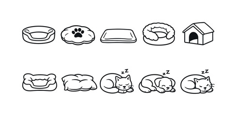 Fototapeta premium Collection of cute cartoon pet beds and sleeping animals, simple line art icons
