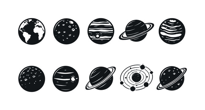 Collection of stylized planets and celestial bodies in a simple graphic style