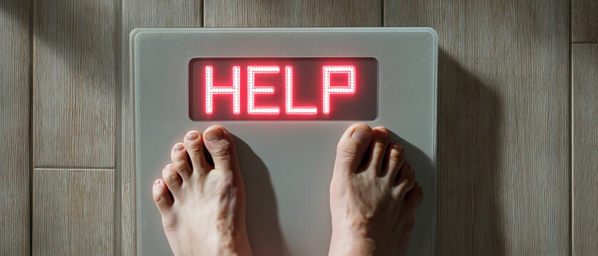 Top view of barefoot person standing on digital bathroom scale displaying help message. Concept of obesity problem, weight anxiety, health risk and need for medical support.