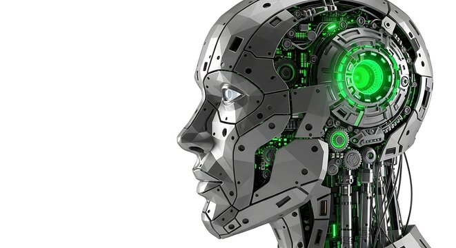 Futuristic cyborg humanoid head profile showing complex mechanical internal