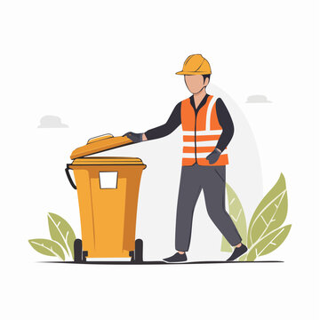 Worker in safety vest and hard hat disposing of trash in a bin