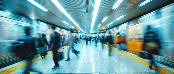Fototapeta premium Wide angle view of commuters moving through a modern train station with motion blur, showing urban transport flow, daily travel routine and fast paced city life.