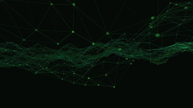 Seamless 4K VJ loop of classic plexus vector field. Macro orbit and tilt view of pulsing clusters in bright mint colors. Ideal for AI, cyber, and abstract tech backgrounds.