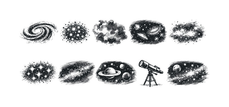 Collection of hand-drawn cosmic elements including galaxies, nebulae, planets, and a telescope