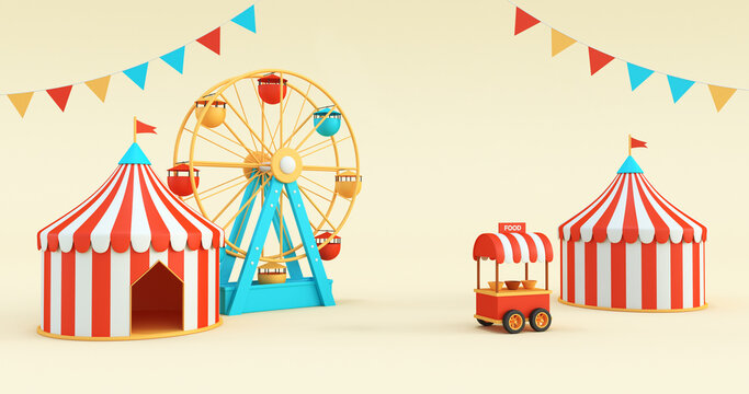 carnival fairground with tents and ferris wheel 3d render