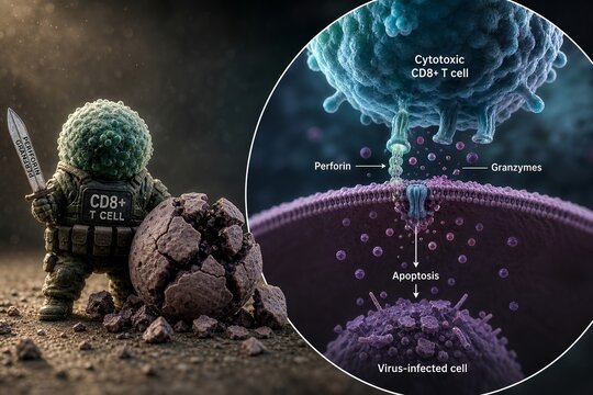 Toy soldier cytotoxic t cell with perforin sword next to shattered clay target cell, showcasing immune cell attack and apoptosis in a creative 3d diorama style
