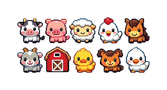 Cute pixel art farm animals and barn collection for children's designs