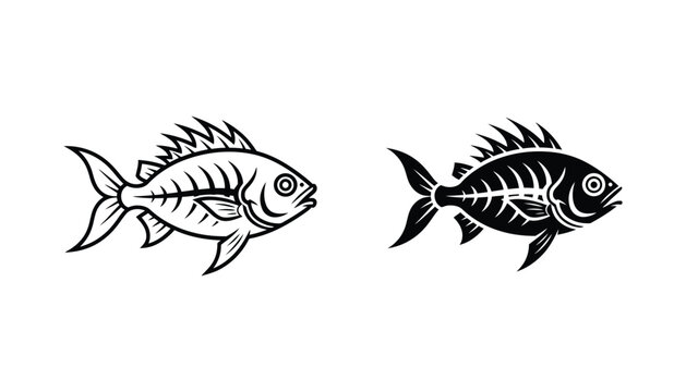 Stylized vector illustrations of a fish with internal bone structure in outline and solid black silhouette