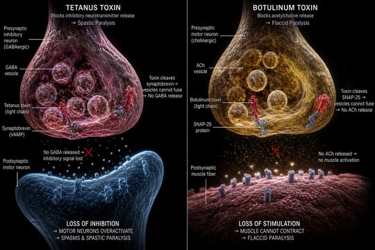 Split illustration comparing tetanus toxin (clostridium tetani) and botulinum toxin (clostridium botulinum) mechanisms at the neuromuscular junction, representing neurotoxin effects