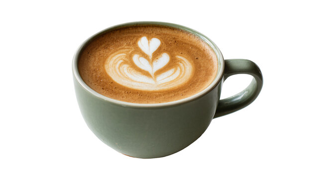 Green ceramic cup filled with frothy latte art, isolated on transparent background